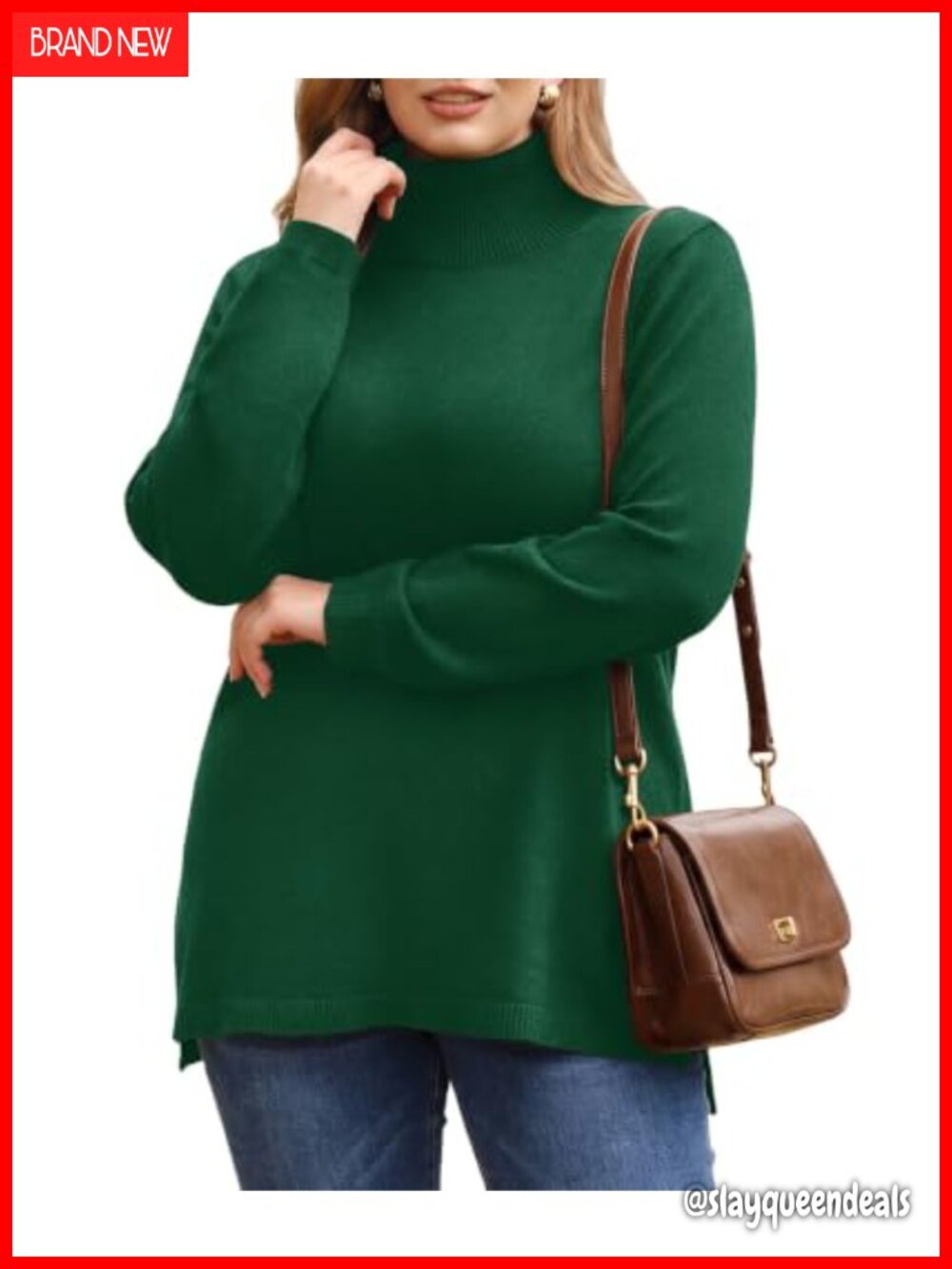 Plus Size Turtleneck Sweater Split Hem Long Sleeve Pullover Knit Top